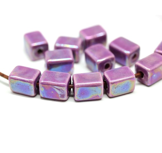 11x8mm Purple rectangle ceramic beads for leather cord, AB finish, 2mm hole, 6pc - 1036