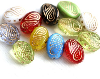 Beads mix, Golden inlays, Green, large fantasy oval czech glass beads, Ornament, wavy beads - 17x13mm - 10Pc - 2675