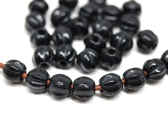 1.5mm hole jet black 6mm czech glass round melon shape beads for leather cord, 30pc - 3124