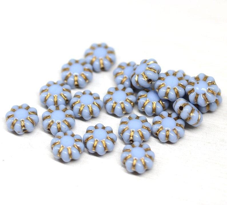 9mm blue daisy flower beads, Golden inlays, czech glass floral beads 20Pc 1596 image 1