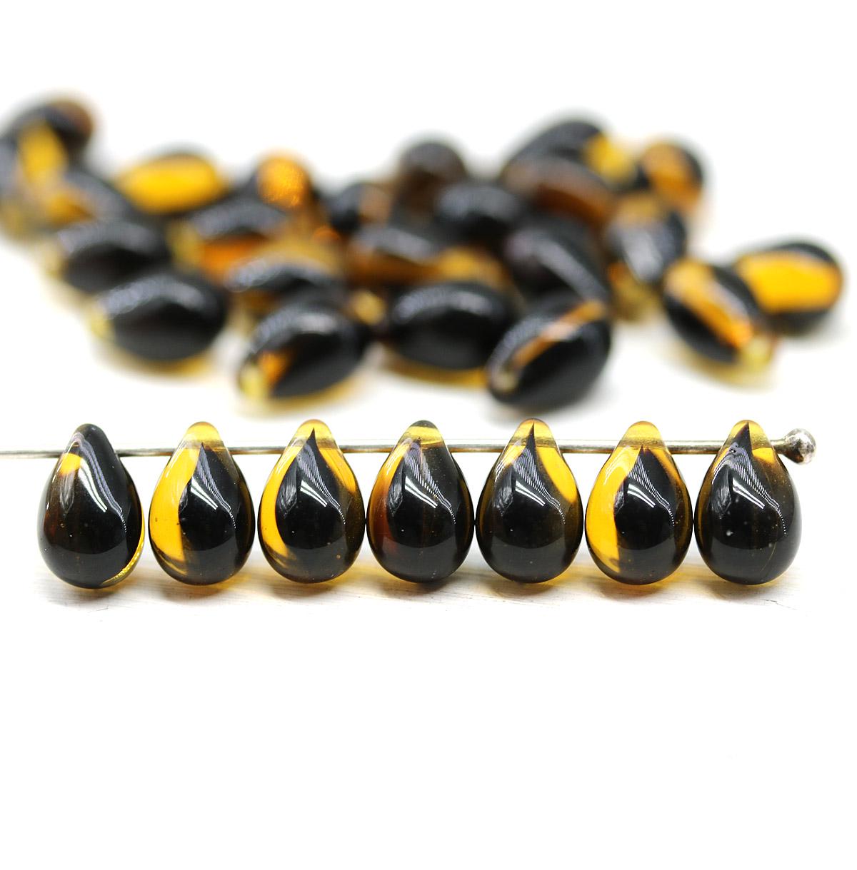 Lot De 100 Perles En Verre De Bohême Forme Goutte Topaze Irisé - Ancien Stock Tchécoslovaquie