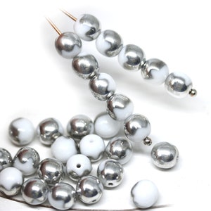 6mm White czech glass druk round beads, silver coating pressed spacers 30Pc - 0606