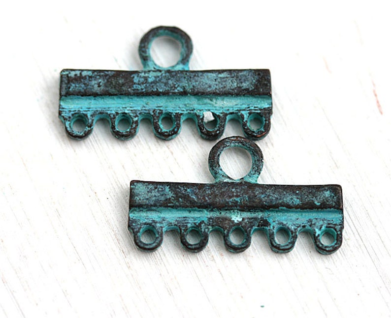 5 Stränge Verbinder, Verdigris Grün Patina Endleiste, patinierte Schmuckteile, griechisches Metallguss 2Stk F384 Bild 1