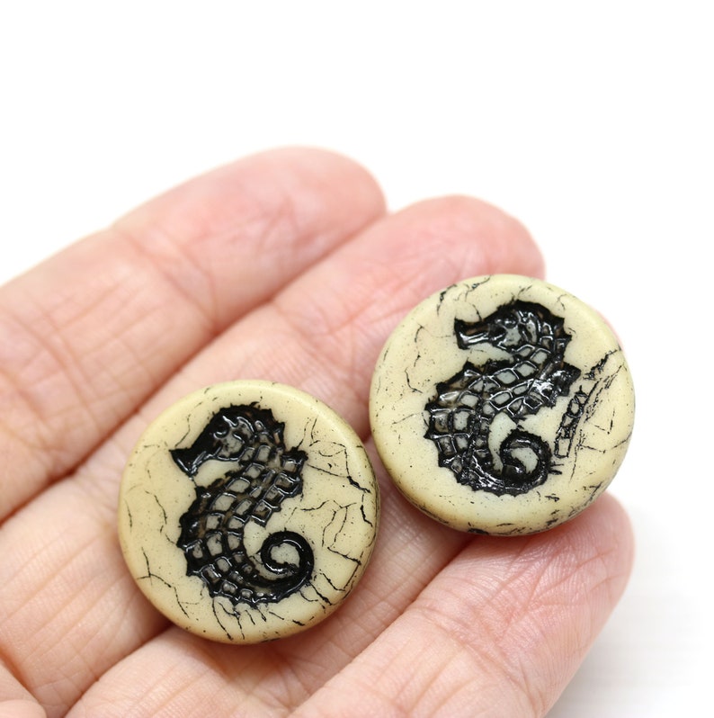 23mm Large seahorse beads Black seahorse czech glass beads Nautical beads 2Pc 1918 image 2