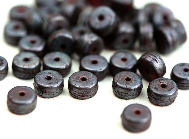 Dark Red Rondelle beads 6x3mm pressed czech glass rustic spacers 3x6mm Matte Metallic luster rondels 40Pc 2919 image 3