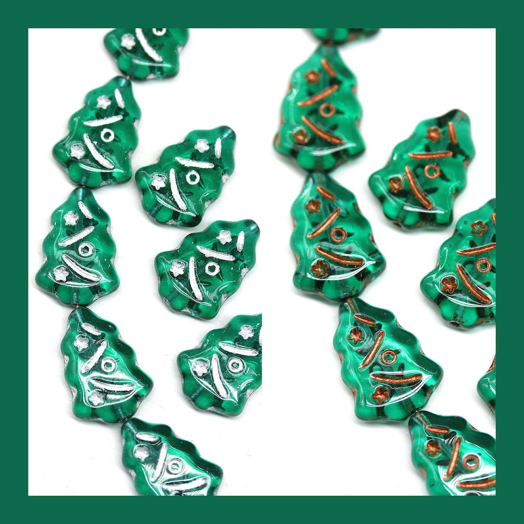 Christmas Tree Beads Czech Glass Green Tree Beads DIY Christmas Jewelry