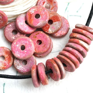 Pink ceramic rondelle beads Rustic Pink Red Orange beads mixed color 13mm washer beads for leather cord - 2286