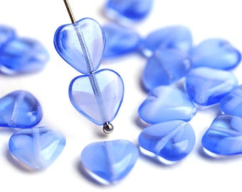 10mm Mixed Blue Heart beads, Opal Blue White czech glass pressed beads, 20Pc - 1584