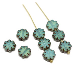 9mm Opal sea green flower czech glass beads with picasso finish, flat daisy table cut fire polished beads 10pc 1531 image 2