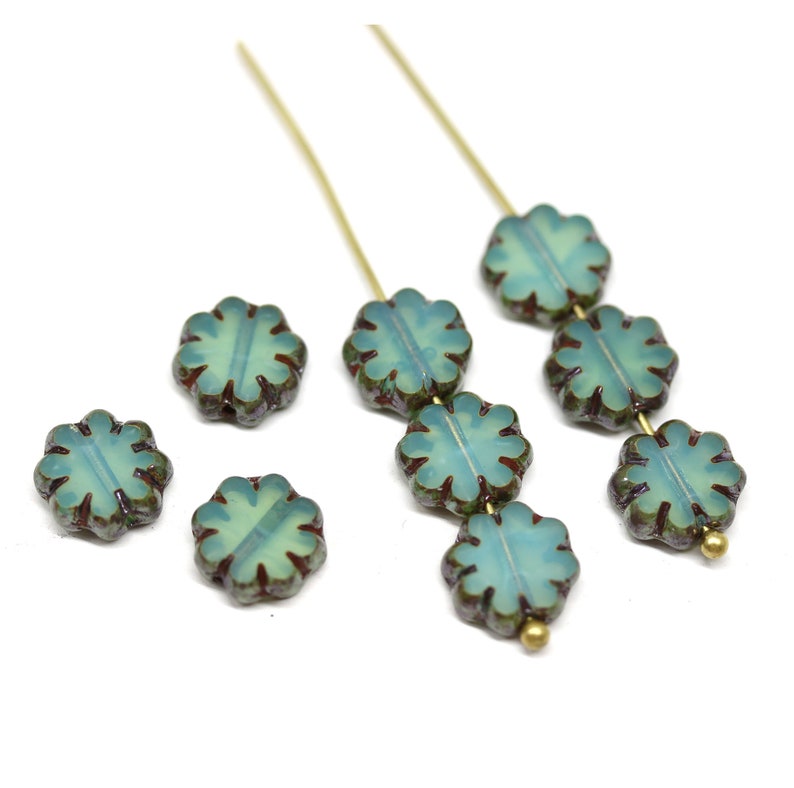 9mm Opal sea green flower czech glass beads with picasso finish, flat daisy table cut fire polished beads 10pc 1531 image 2