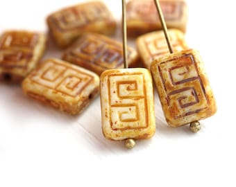 8pc Rustic Picasso czech beads, Aged Beige Brown rectangle Greek Key Carved glass beads - 12x9mm - 1940