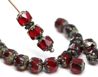 6mm Dark red cathedral Czech glass round beads picasso Fire polished 20Pc - 2768
