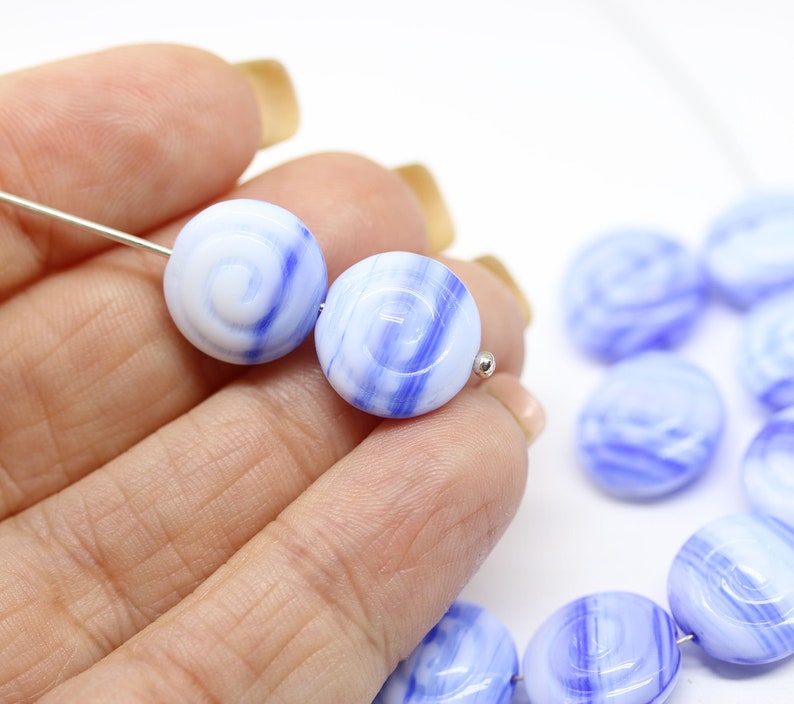 Blue shell spiral beads White blue Czech glass seashells nautilus 13mm 6Pc 1211 image 3