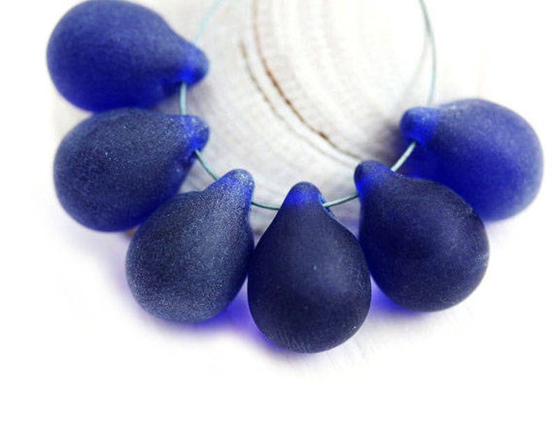 10x14mm Matte Dark Blue glass Teardrop beads, frozen Blue czech glass beads, large Briolettes 6Pc 1930 image 2