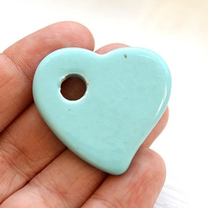 Light Blue Heart Pendant bead, Mint Blue ceramic heart bead, enamel coating, large heart pendant, greek bead 1pc F059 image 1