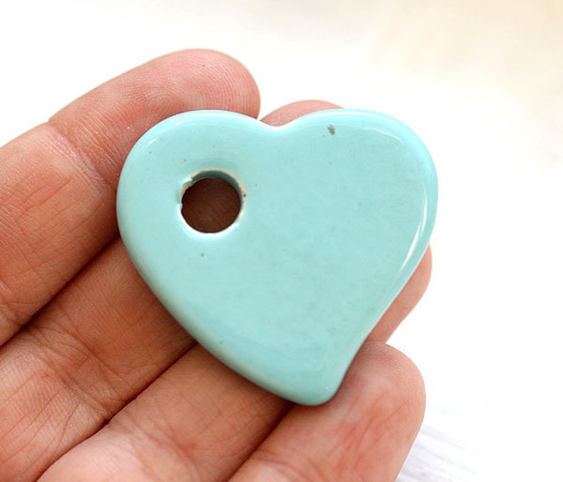 Light Blue Heart Pendant bead, Mint Blue ceramic heart bead, enamel coating, large heart pendant, greek bead 1pc F059 image 1