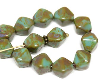 Turquoise green bicone beads Picasso czech glass beads 10mm bicones Rustic glass beads - 10pc - 1325