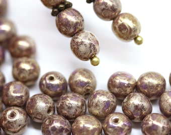 Old gold purple crackle beads 6mm round druk czech glass beads spacers, 40pc - 0533