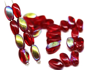 9x6mm Red twisted oval czech glass beads, lustered barrel druk pressed beads 30pc - 5117