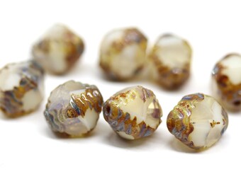 Contas de vidro tcheco bicone Picasso 10 x 8 mm, bicones bege polidos a fogo, 8 peças - 5649