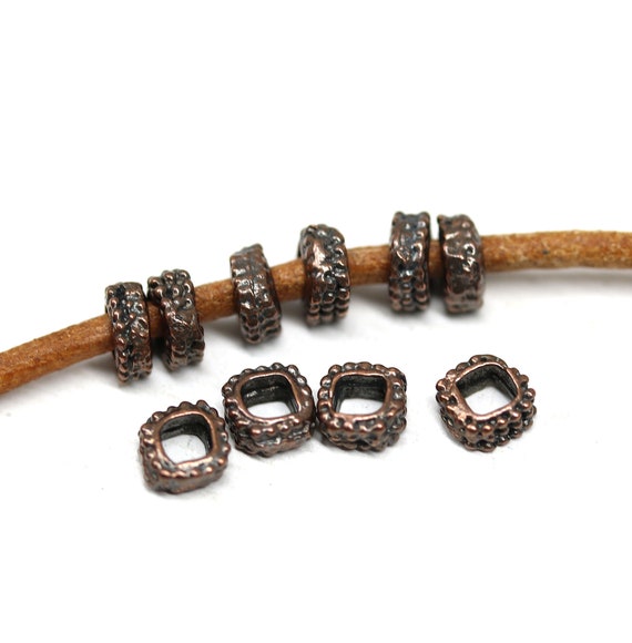 Copper square spacer beads, chunky rondels, 2mm hole beads for leather cord, 10pc - 3165