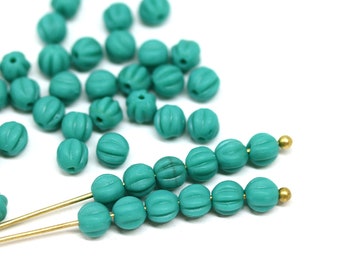 4mm Turquoise green round beads, Melon shape czech glass spacer beads 50pc - 1366