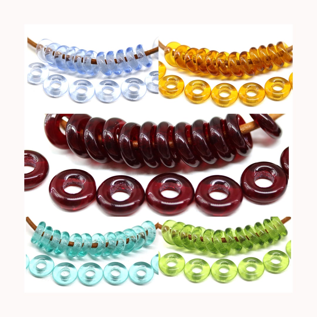 10mm Czech Glass Ring Beads for Leather Cord, Hole Size 3.5mm, Blue