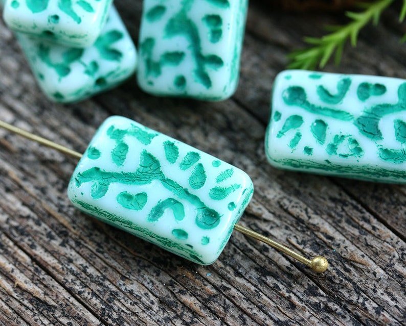 White Green rectangle beads Green Branch Large beads White czech glass rectangle beads 6pc 18x11mm 0581 image 3