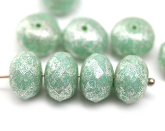 7x11mm Mint green fire polished rondelle silver wash Czech glass beads large rondels 6pc - 0873