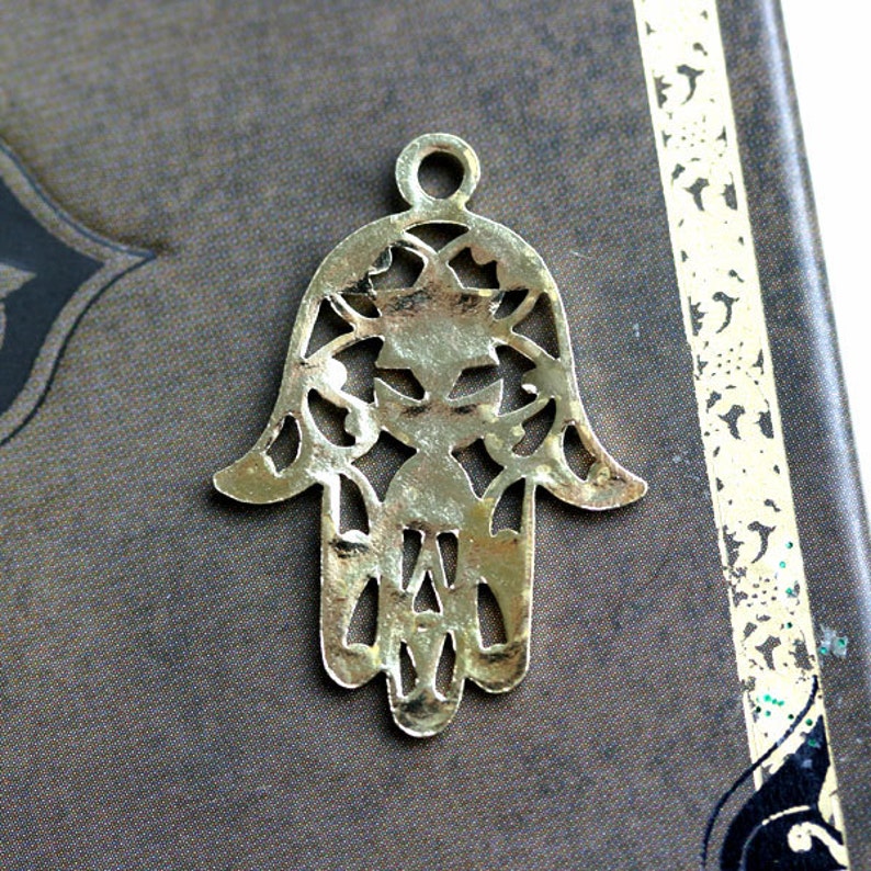 Golden Hamsa hand charm Filigree raw brass pendant Healing hand Protection symbol 1Pc F091 image 2