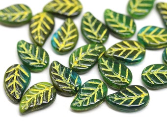 14x9mm Dark green Czech glass leaves mixed color yellow wash pressed leaf beads, 20pc - 3243