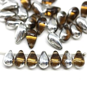 6x10mm Brown silver czech glass teardrop beads top drilled pressed drop beads 30pc - 3140