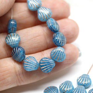 Blue glass shell beads copper wash 9mm Blue czech beads center drilled, 20pc 4088 image 3