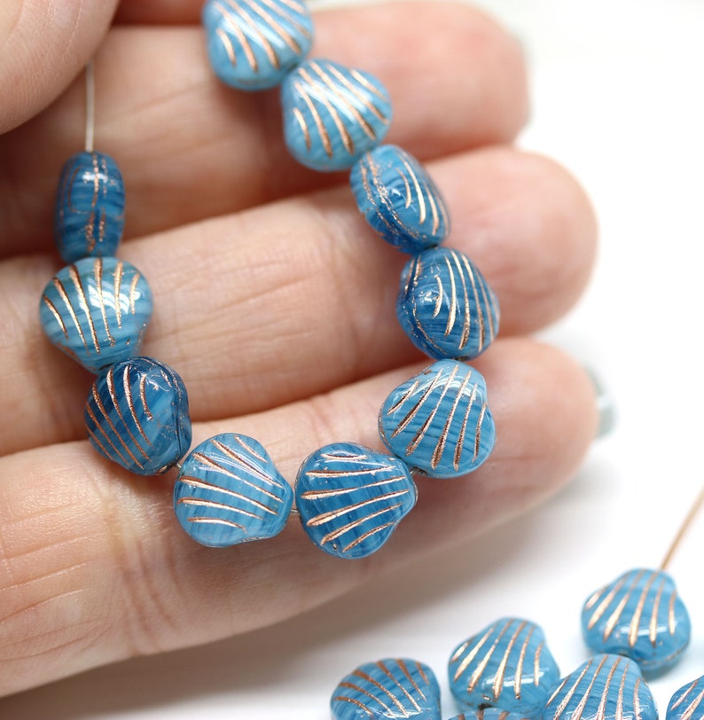 Blue glass shell beads copper wash 9mm Blue czech beads center drilled, 20pc 4088 image 3