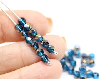 4 mm カプリブルー チェコガラスビーズ：メタリックラスター、ファイア