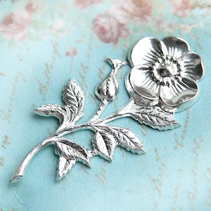 1pc Silver Rosehip branch stamping, Silver plated flower pendant charm, 45mm - F100