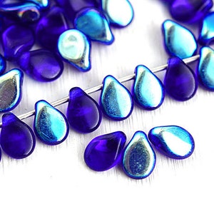 Cobalt PiP beads Dark Blue czech glass flat drops, AB finish, top drilled, Preciosa teardrops 5x7mm - 40Pc - 2814