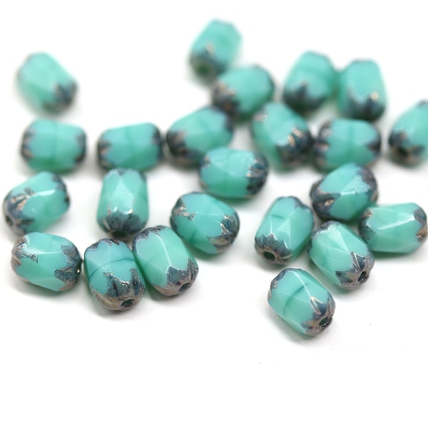 Turquoise Green Czech Glass Rice Beads with Copper Ends (25pc)