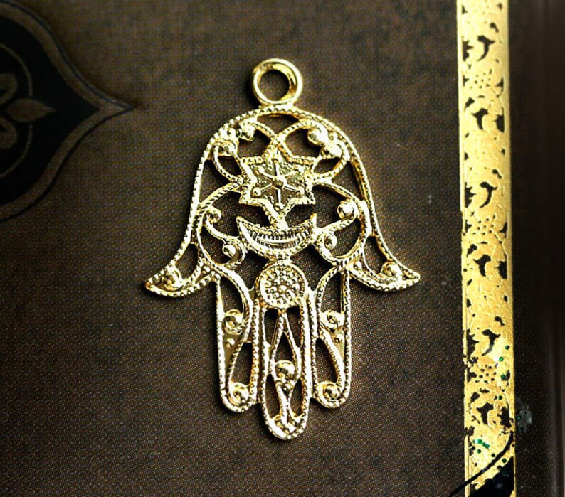 Golden Hamsa hand charm Filigree raw brass pendant Healing hand Protection symbol 1Pc F091 image 1