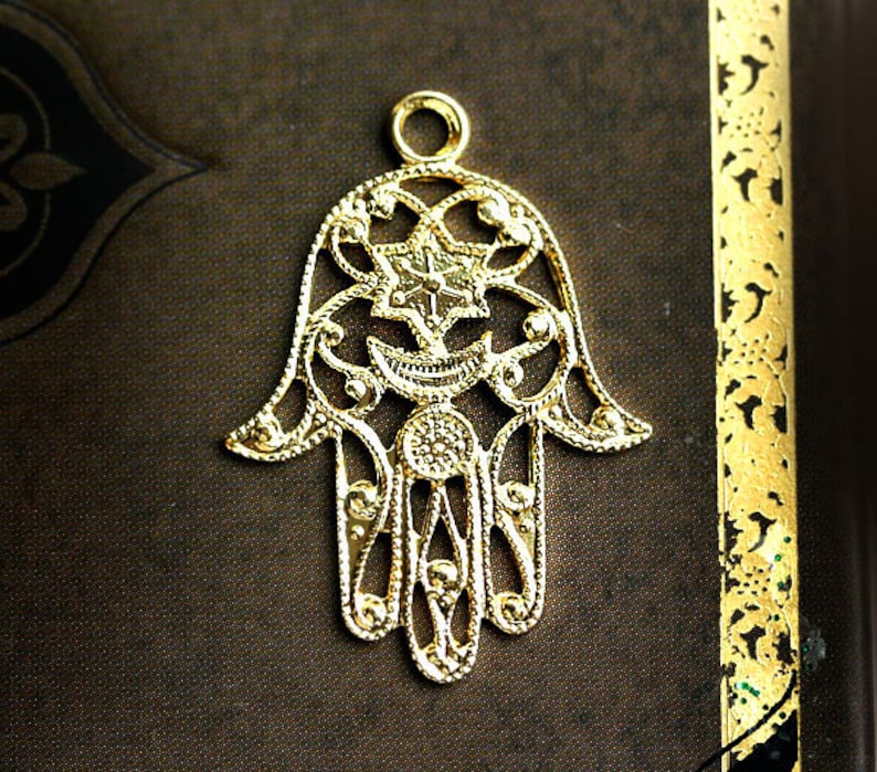 Golden Hamsa hand charm Filigree raw brass pendant Healing hand Protection symbol 1Pc F091 image 1