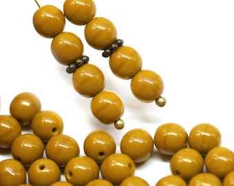 Opaque dark ocher yellow round druk beads 6mm Czech glass pressed spacers 40Pc - 0594