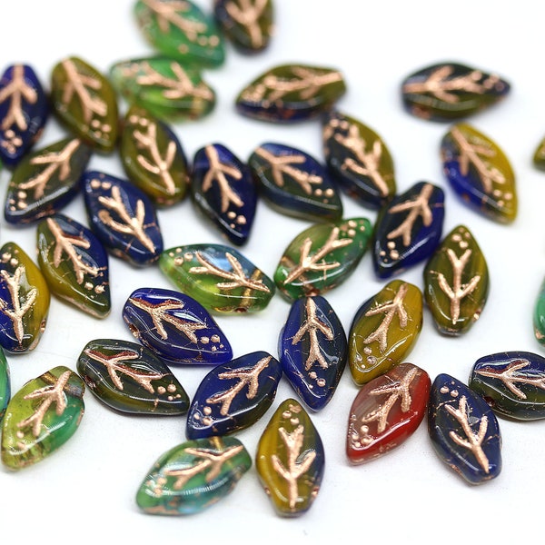 10x6mm Multicolor leaf beads mix Czech glass small pressed leaves top drilled 40Pc - 5238