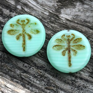 Czech Dragonfly beads Mint Green Picasso czech glass, large, round, tablet shape 23mm 2Pc 1432 image 2