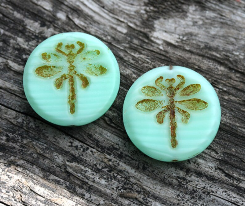 Czech Dragonfly beads Mint Green Picasso czech glass, large, round, tablet shape 23mm 2Pc 1432 image 2