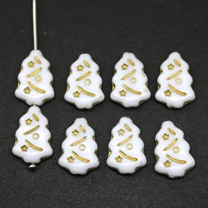 Christmas tree beads Czech glass white festive beads DIY Christmas holiday jewelry 8pc White/gold