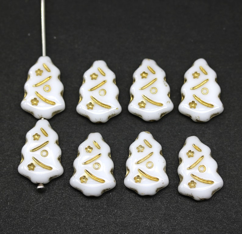 Christmas tree beads Czech glass white festive beads DIY Christmas holiday jewelry 8pc White/gold