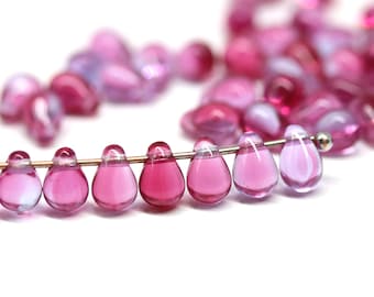 50pc Bright pink tiny drops czech glass, 4x6mm pink blue small teardrop beads - 5252