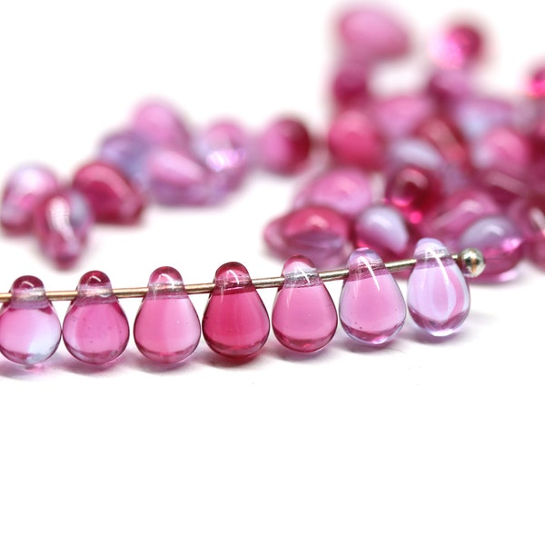 50pc Bright pink tiny drops czech glass, 4x6mm pink blue small teardrop beads - 5252