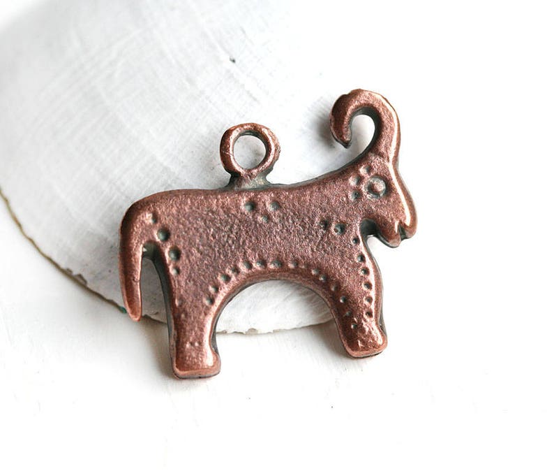 Primitive Bull Copper Pendant, Animal jewelry Antique copper charm, Ram Aries Ancient style, Double sided pendant 1Pc F633 image 1