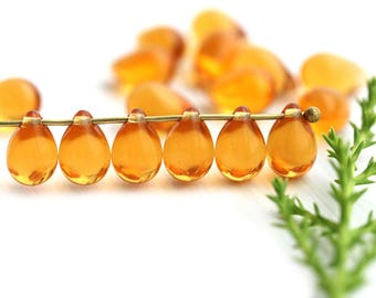 6x9mm Light topaz Czech glass teardrop beads, Yellow Honey top drilled drops pressed beads 40pc - 0304